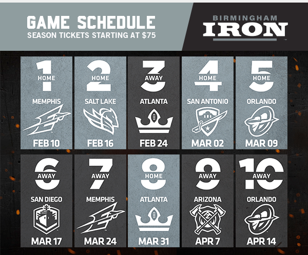 Season Tickets Starting At $75
https://aaf.com/birmingham-iron/tickets/#1541788879329-3ee79d7c-7cc73b13-b4a3